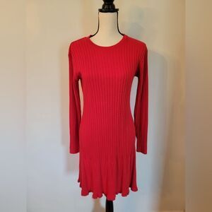 Red knit long sleeve ruffle bottom midi length dress, size S